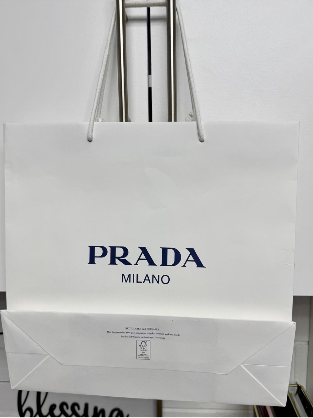Prada White Shopping Bag with Navy Logo